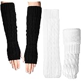 Berlune 2 Pairs Fleece Lined Arm Warmers Women's Long Fingerless Gloves Black and White Winter Knitted Mitten with Thumb Hole