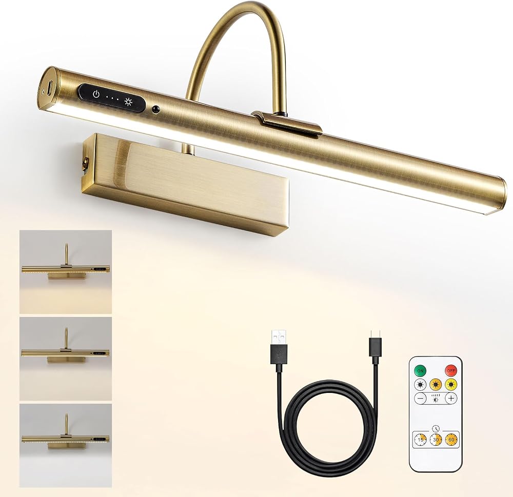 HARPER LIVING Rechargeable Picture Light Antique Brass with Remote 3 Temps