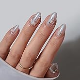 BTArtbox Press On Nails Short - Pearl Accents Chrome Almond Press On Nails with Glue for Women, Opaque Soft Gel Glue On Nails