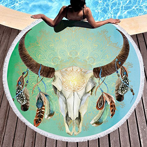 Sleepwish Cow Skull Round Beach Towel – 60 Inch Diameter, Microfiber, Fast Drying, With Tassels (Gray Mandala)
