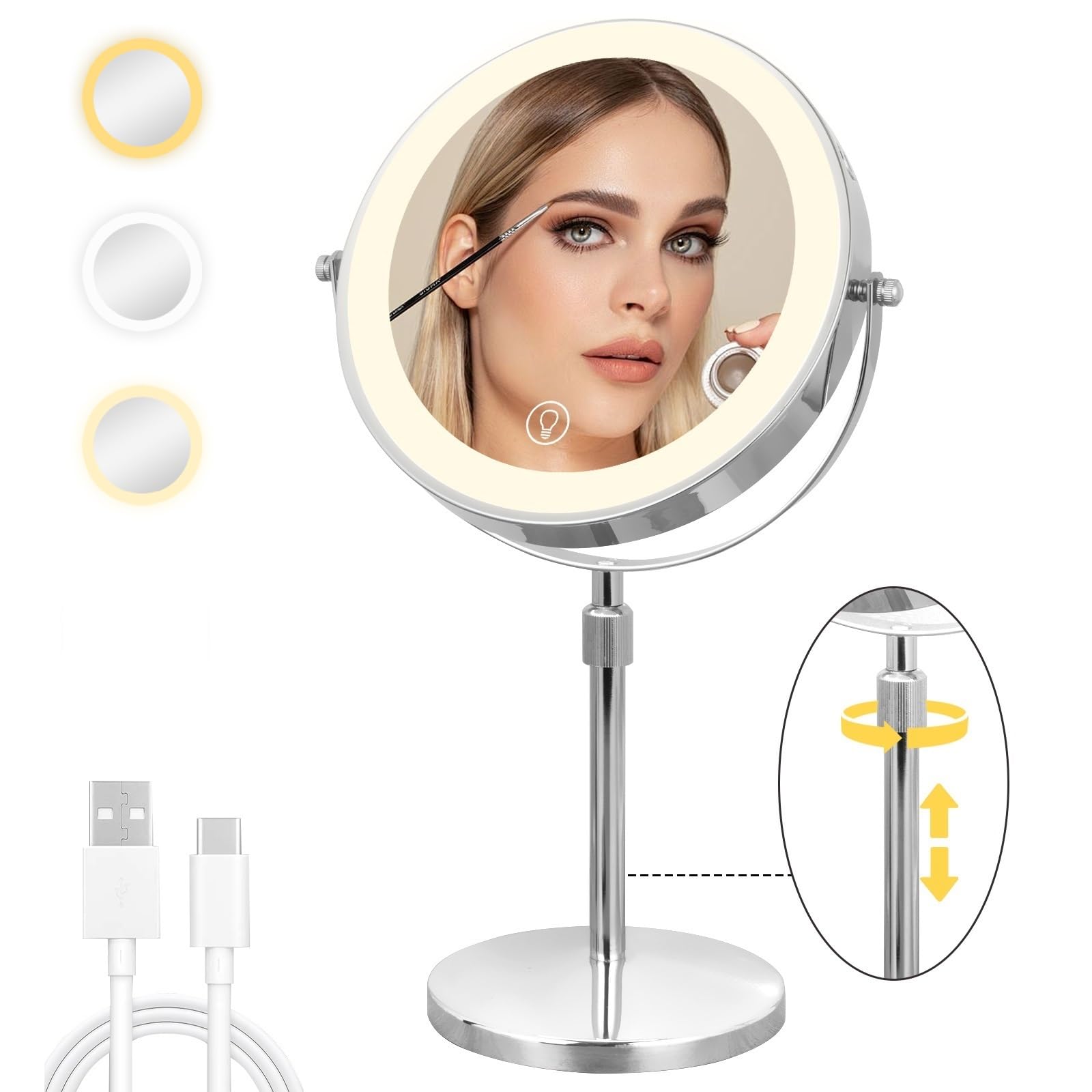 Cuteefun 8" Vanity Mirror with Lights, 1X/10X Magnifying Mirror on Stand, Adjustable Height & Brightness, 360° Rotation, Rechargeable Double Sided Light Up Makeup Mirror for Dressing Table, Bathroom
