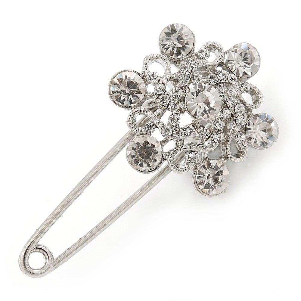 Clear Crystal Flower Safety Pin Brooch In Silver Tone - 55mm L
