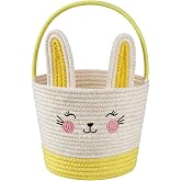 Cute Bunny Cotton Rope Basket with Handle - Soft Woven Storage Basket for Kids, Nursery, Baby Shower Gifts, Toy Organizer, Decorative Tote Basket (Yellow white)