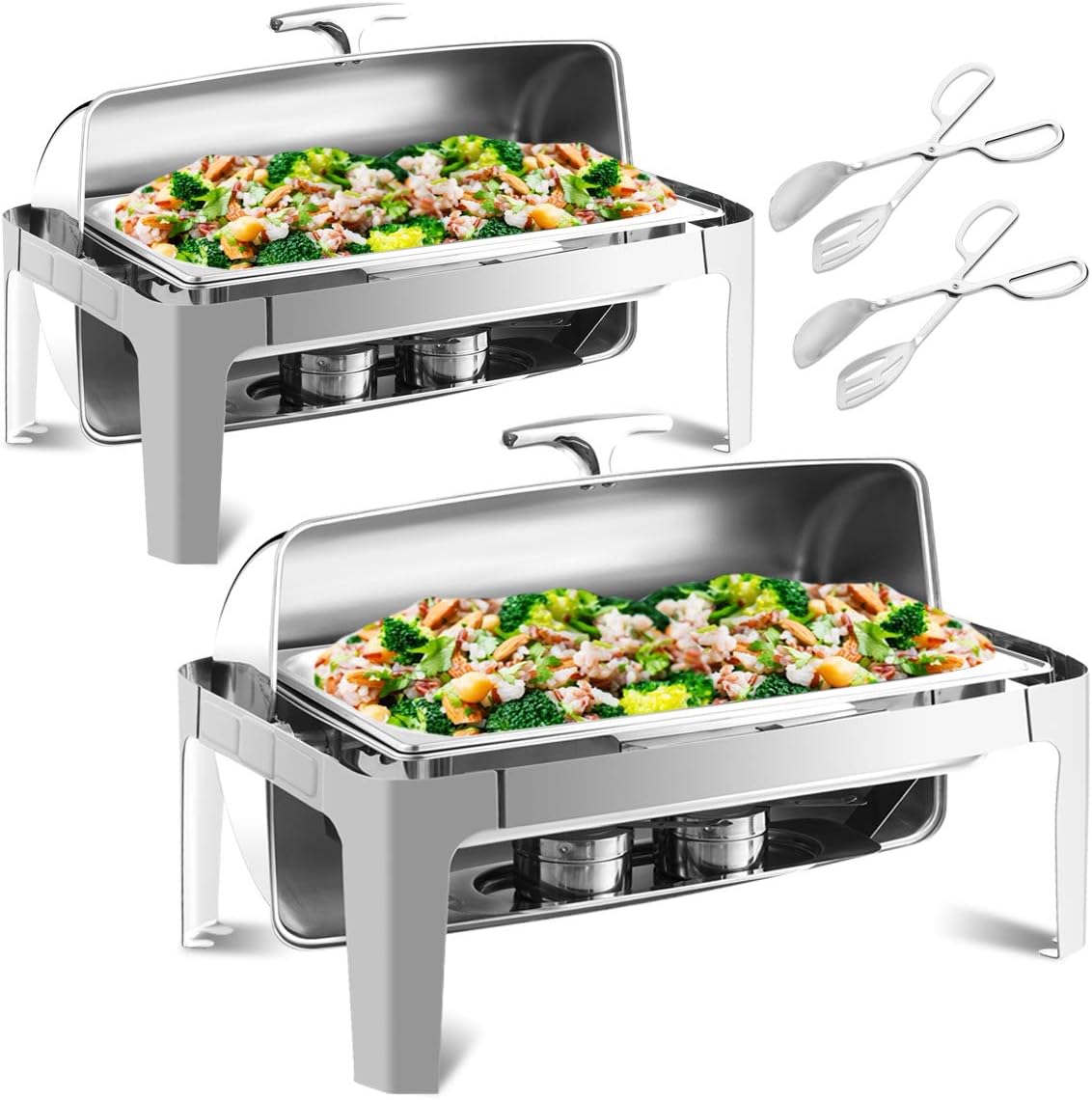 Giantex 2 Packs 9 Quart Chafing Dish, 180 Degree Roll Top, Chafer Dishes Buffet Set for Heat Preservation, Stainless Steel Round Chafing Dish Set w/Water Pan, Food Pan, Fuel Holder and Serving Tong