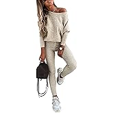 CHICME 2 Piece Lounge Outfit Long Sleeve Knit Pullover Tops Drawstring Pants Set Tracksuit Sweatsuit