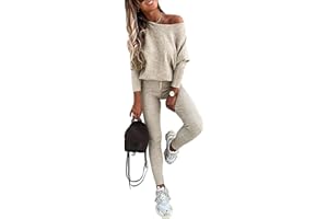 CHICME 2 Piece Lounge Outfit 2025 Long Sleeve Knit Pullover Tops Drawstring Pants Set Tracksuit Sweatsuit