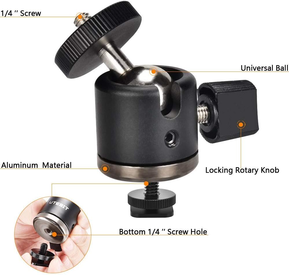 UTEBIT Mini Ball Head with 1/4" Hotshoe Mount Adapter 360 Degree Rotatable Aluminum Tripod Head for DSLR Cameras HTC Vive Tripods Monopods Camcorder Light Stand, Max. Load 6.6lbs : Camera & Photo