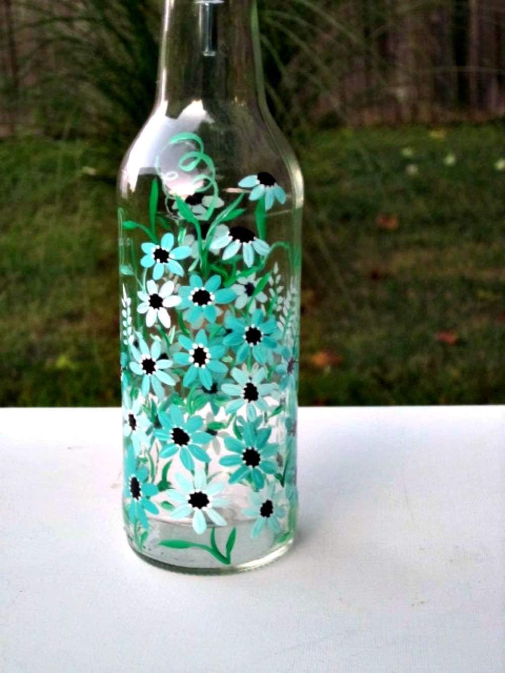 Dish Soap Dispenser, Oil and Vinegar Bottle, Hand Painted Recycled Bottle, Teal Flowers