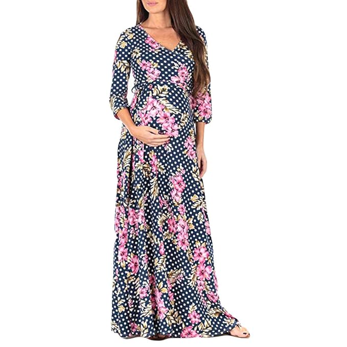 Mymyguoe Langes Damen Kleid Blumen Muster V-Ausschnitt Stillkleid mit Taillengürtel Langarm Stillnachthemd Nachthemd mit Stil
