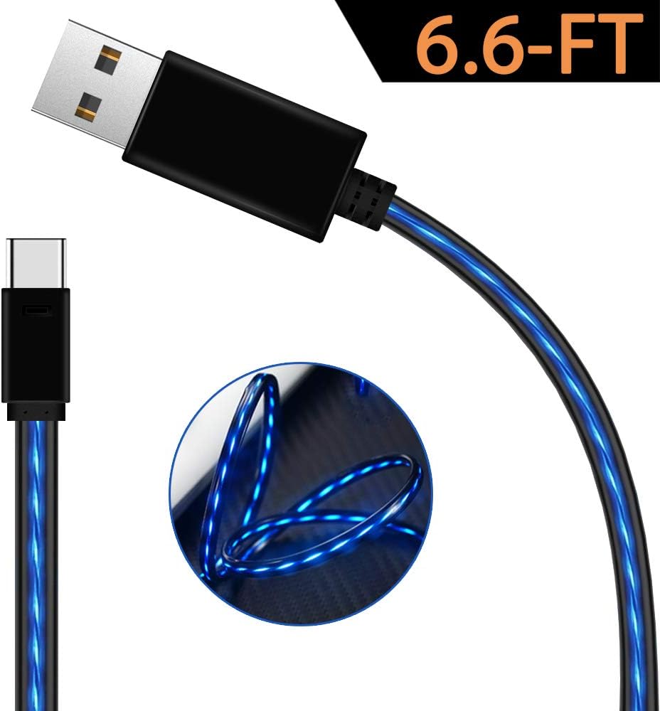 USB LED Type C Cable,Oliomp 6.6ft Visible LED Light Flowing Type C Cable Fast Charging, USB Type C Charger Cord for Samsung Galaxy S8 S9 Plus Note 9 8/Huawei/HTC More Android Phone