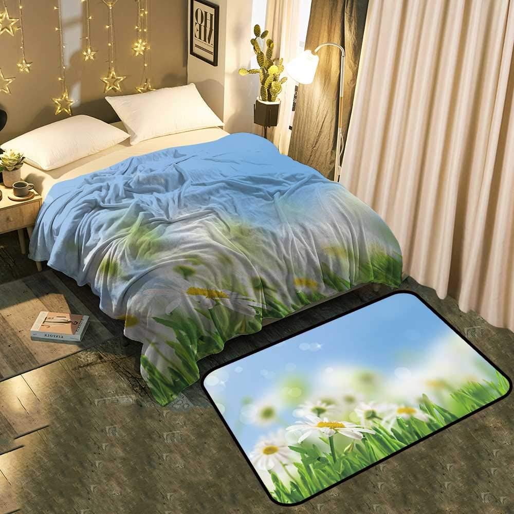 UNOSEKSHome Super Soft Blanket Floor mat Set daisywheel Much with Green Leaf on