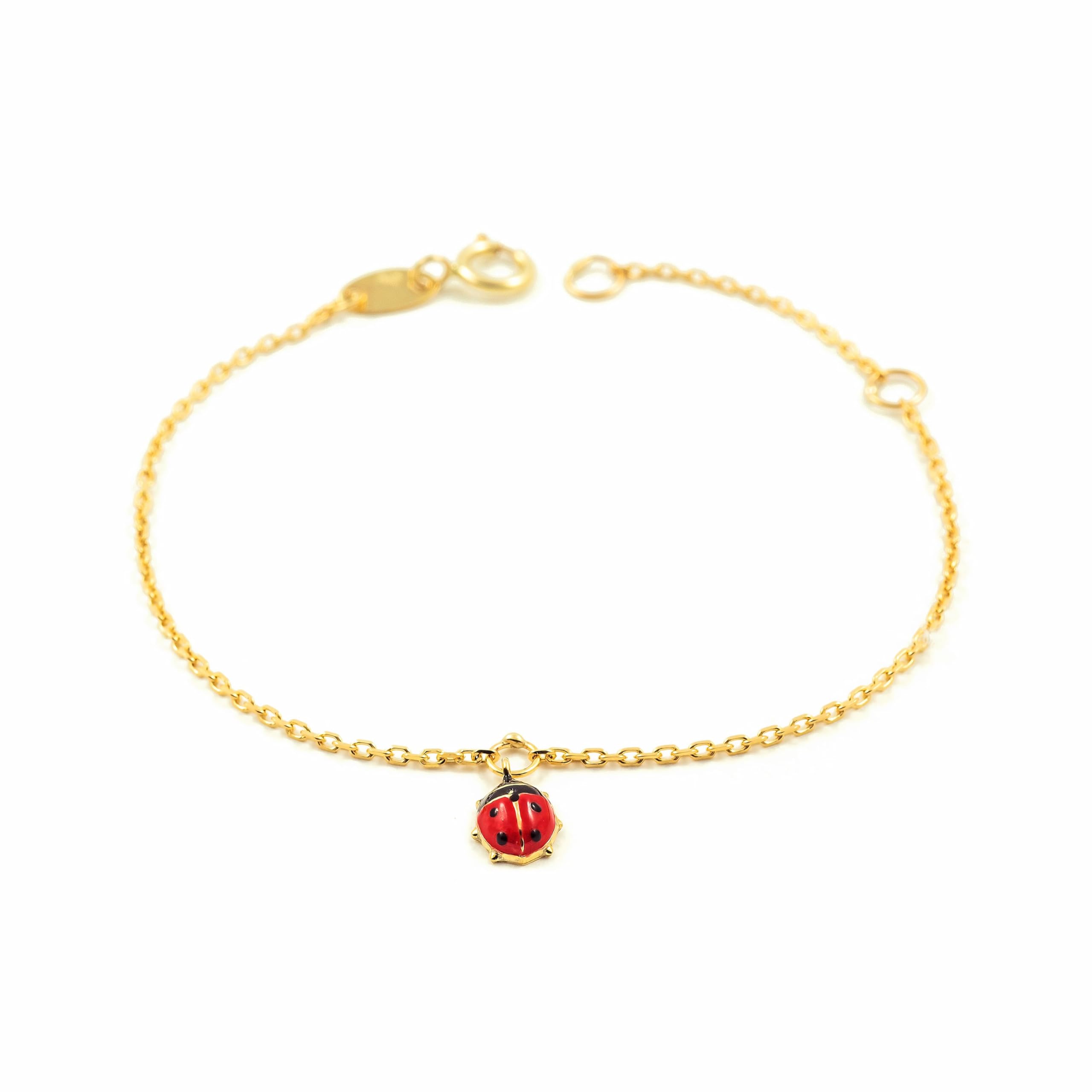 Monde Petit 9ct Yellow Gold Baby charm enameled ladybug Bracelet