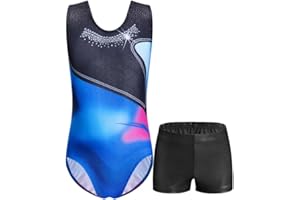 Domusgo Girls Gymnastics Leotards Set One Piece Sleeveless Tumbling Outfits with Matching Shorts Size 5-12 Years Old