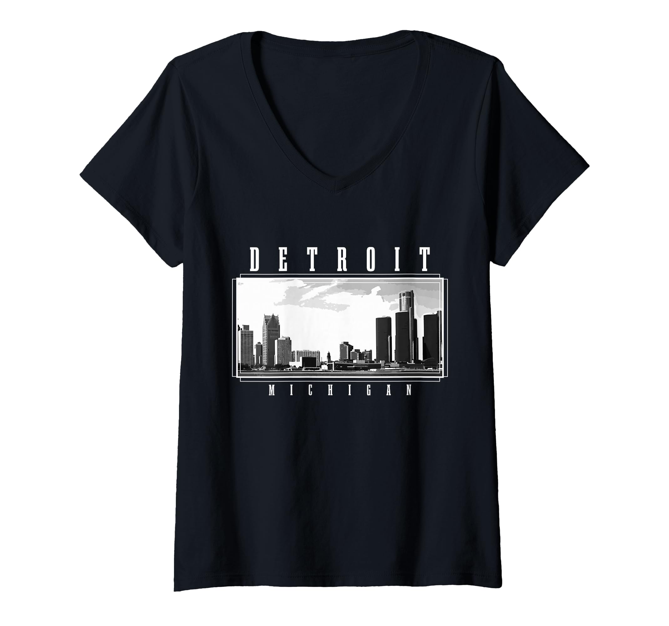 Womens Detroit Skyline Michigan Pride Vintage Detroit V-Neck T-Shirt
