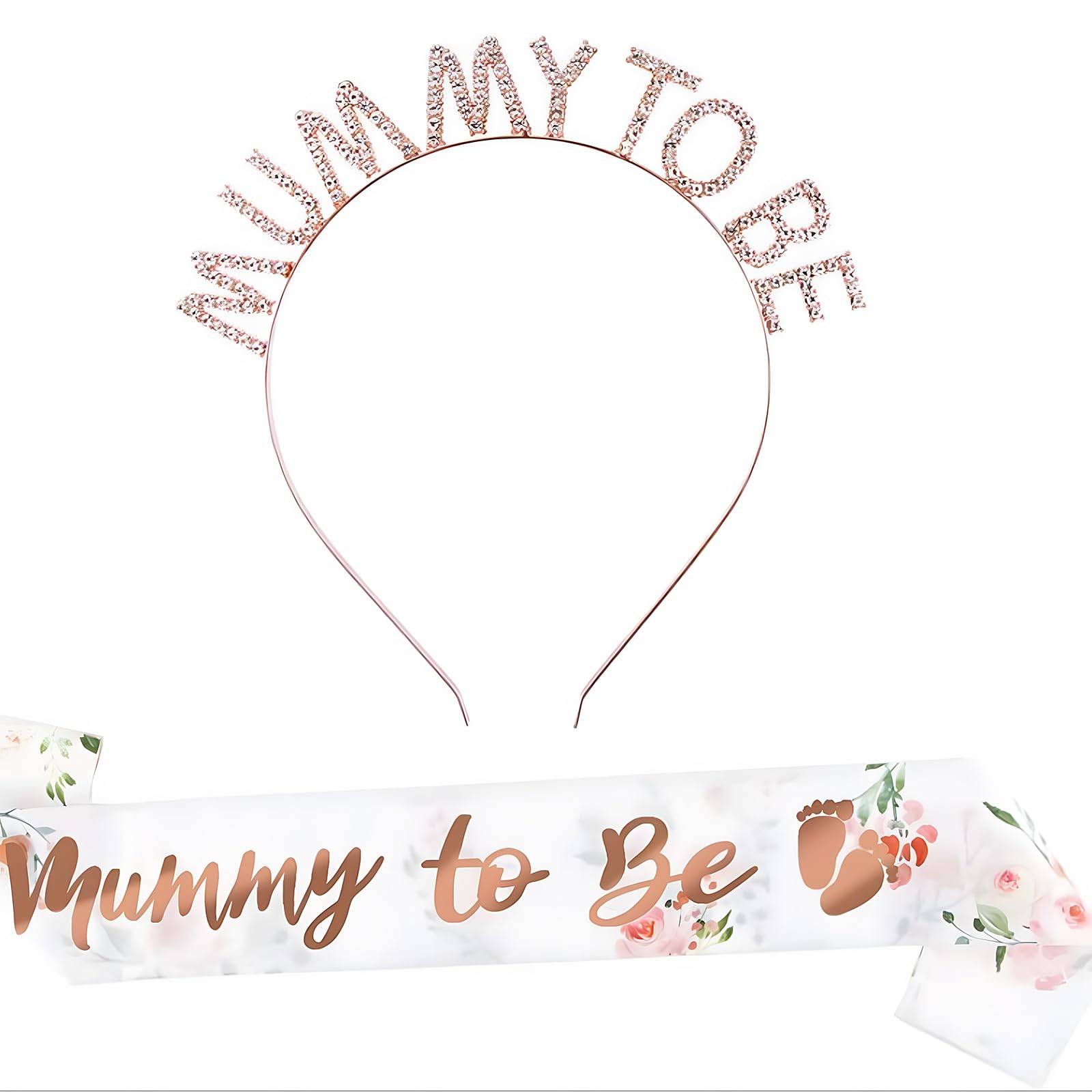 Foyscr 2 Pack Mummy to Be Sash Set, Baby Shower Favors, Sage Green Yarn Satin, Botanical Pattern, Shimmering Rose Gold, Mum to be Gifts for Baby Shower Decorations