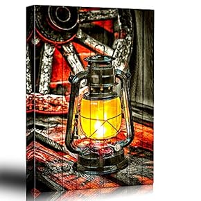 Painted Lantern on Wood Background Glowing Yellow - Wagon Wheel and Vintage Woodgrain - Rustic Country Still Life - Canvas Art Home Art - 12x18 inches