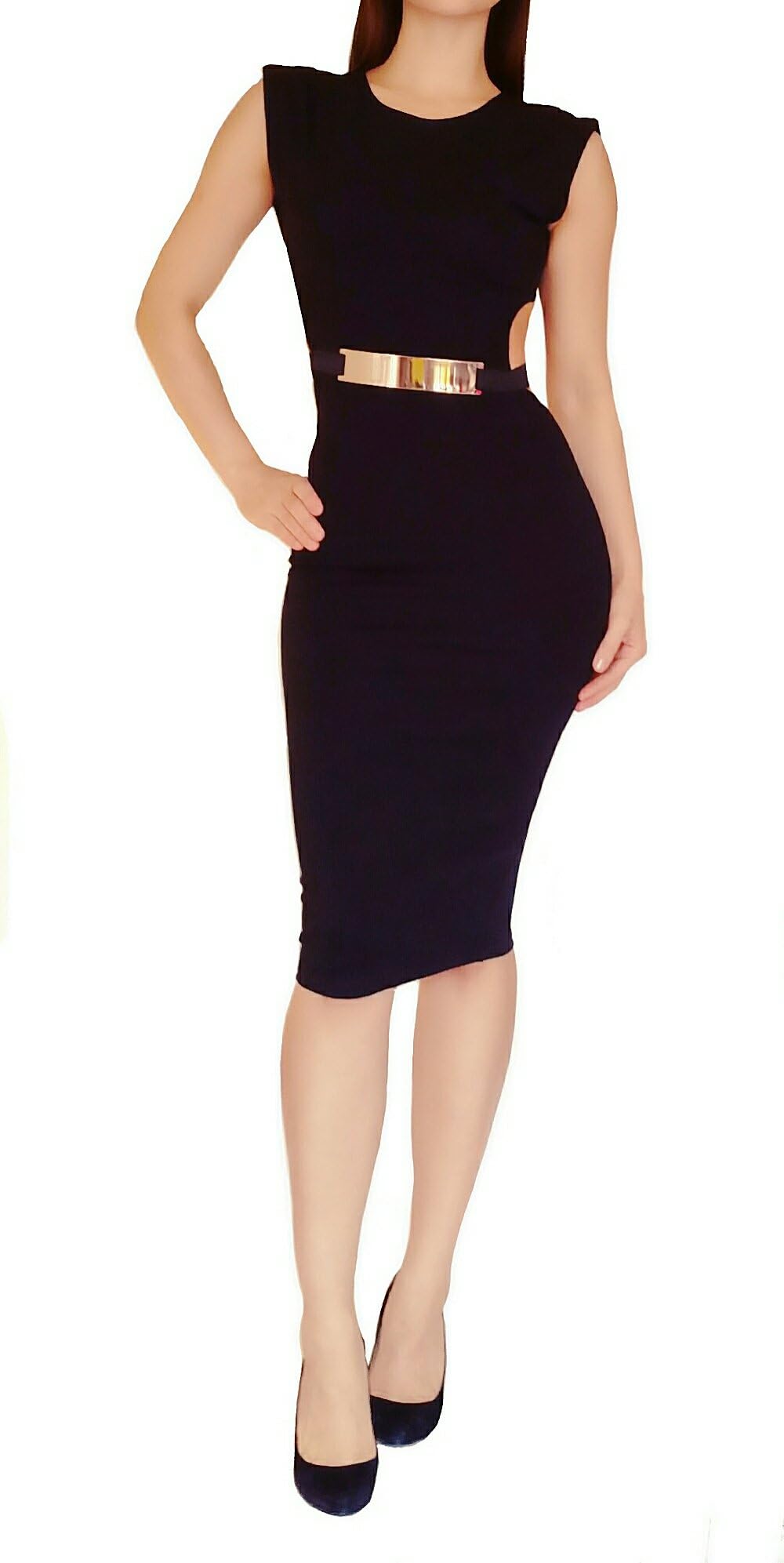 oki doki-Stretch Open Back Ponte Dress with Metal Buckle Front in Black.