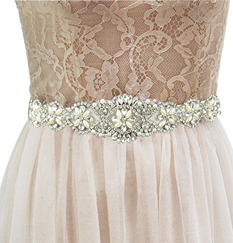 Lovful Womens Silver Crystal Beaded Satin Bridal Sash Party Prom Dress Wedding Belt,Ivory Sash-5, One Size