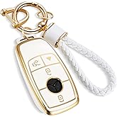 CTRINEWS for Mercedes Key Fob Cover with Metal Braided Rope Keychain, Upgraded Soft Case for Benz GLC GLE GLA GLB GLS AMG A C E G S Class (4 Buttons) Shell (Gold Edge, B2)