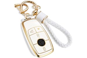 CTRINEWS for Mercedes Key Fob Cover with Metal Braided Rope Keychain, Upgraded Soft Case for Benz GLC GLE GLA GLB GLS AMG A C E G S Class (4 Buttons) Shell (Gold Edge, B2)