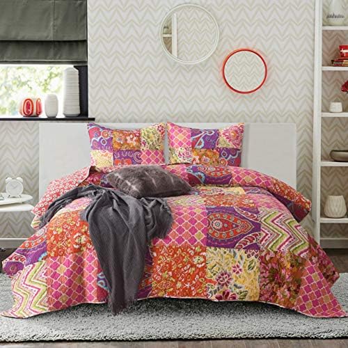 Luckey1 2019 Multi-red Patchwork Quilt Sets for Queen Bed, 100% Cotton Patchwork Quilted Bedspread Bedding Sets Queen Size 3 Pieces, 1 Quilt, 2 Pillow Shams (Queen, Patchwork New 1)