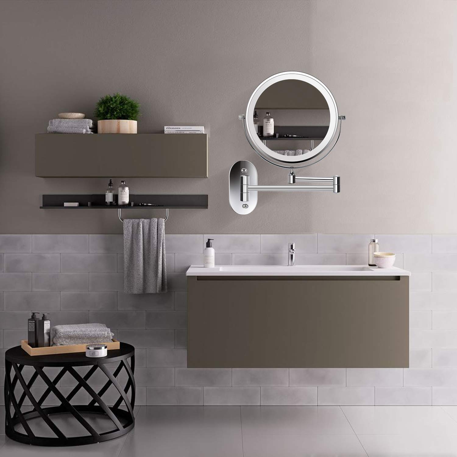 ZEPHBRA 8" LED Wall Mounted Makeup Mirror Touch Screen Adjustable Light Double Sided 1X/5X Magnifying Vanity Mirror Swivel Extendable for Bathroom Hotels Powered by Batteries (Not Included) (Silver): Beauty