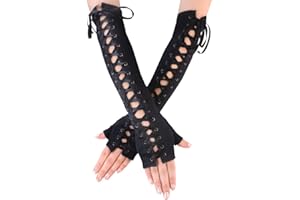 JISEN Womens Fingerless Gloves Elbow Lace Up steampunk Costume Arm Warmer