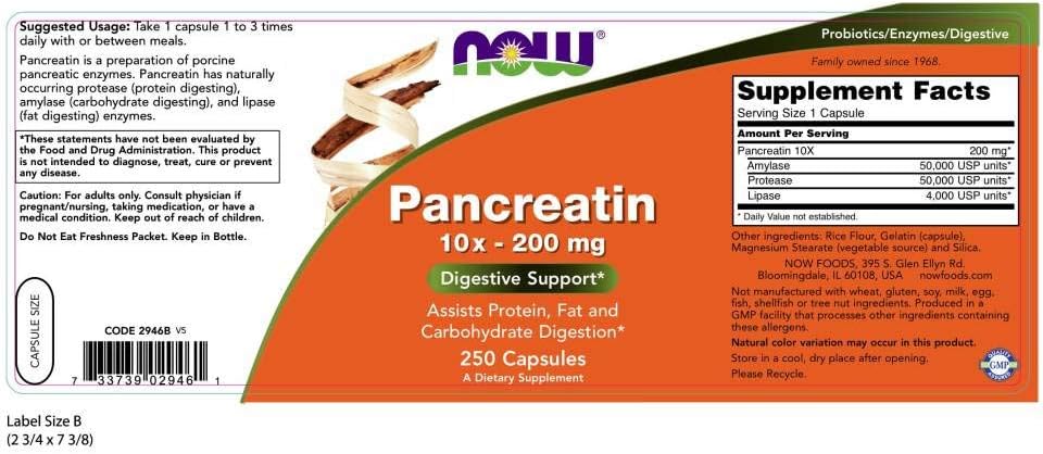 NOW Supplements, Pancreatin 10X 200 mg with naturally occurring Protease (Protein Digesting), Amylase (Carbohydrate Digesting), and Lipase (Fat Digesting) Enzymes, 250 Capsules: Health & Personal Care