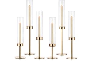 Candeldo Gold Hurricane Candlestick Holder: Taper Candle Holders for Wedding Glass Table Centerpiece for Dining Tables Set of 6 Tall Christmas Decoration Candle Stand