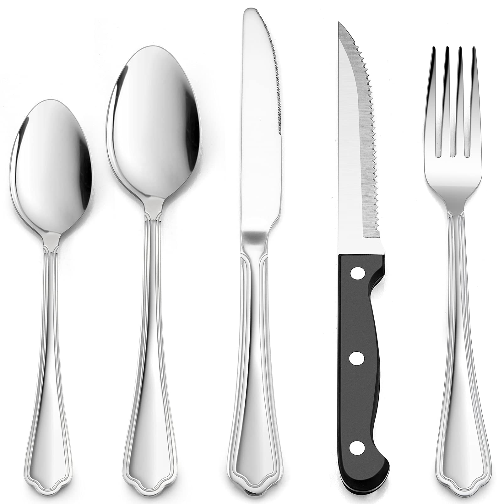 30 Piece Cutlery Set with Steak Knives, Homikit Stainless Steel Flatware Silverware Sets Service for 6, Scalloped Edge Tableware Included Forks Knives Spoons, Mirror Polished, Dishwasher Safe