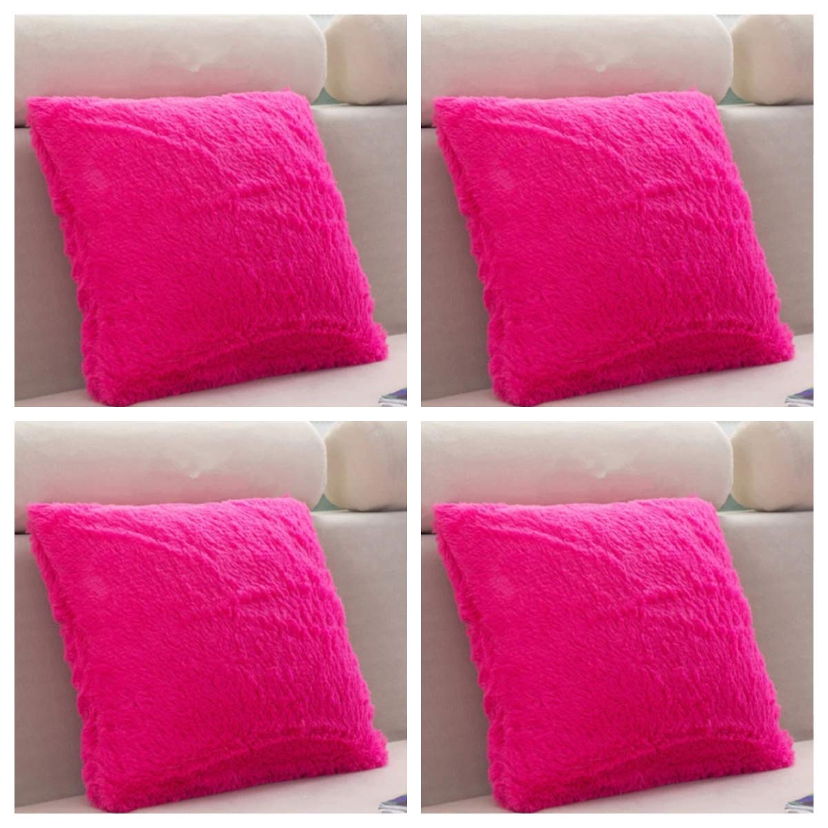 SET OF 4 - Extra Soft Teddy Bear Faux Fur Fleece Cushion Covers 45cm x 45cm / 18x18-14 Amazing Colours (Pink)