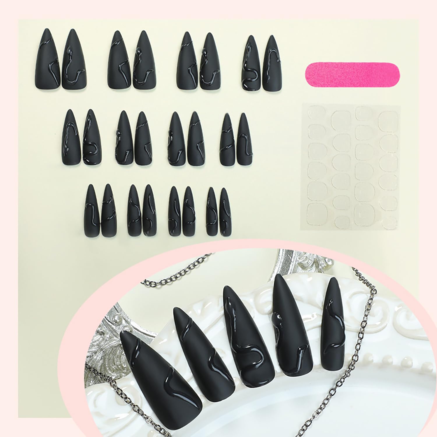 24 Pcs Black Almond Press on Nails Long Stiletto - GRITOSE Acrylic Fake Nails Press ons Reusable False Nails with 3D Snake Design Matte Almond Nails Artificial Full Cover Stick on Nails for Women - Image 2