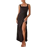 Fiemaoves Summer Vacation Satin Maxi Dresses for Women 2025 Square Neck Formal Elegant Tank Top Wedding Guest Dress with Slit