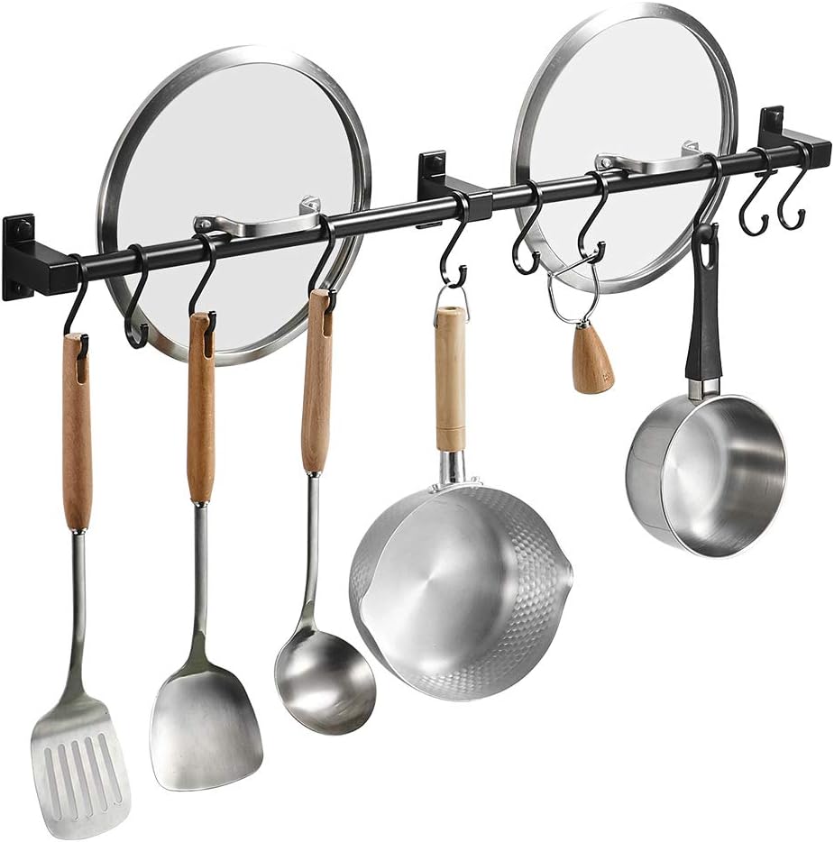 BESy 31.5 Inch Black Hanging Pot Rack Wall Mounted Lid Holder Detachable Rail Kitchen Utensils Pan Hanger with 10 Detachable S Hooks, Wall Mount With Screws: Kitchen & Dining