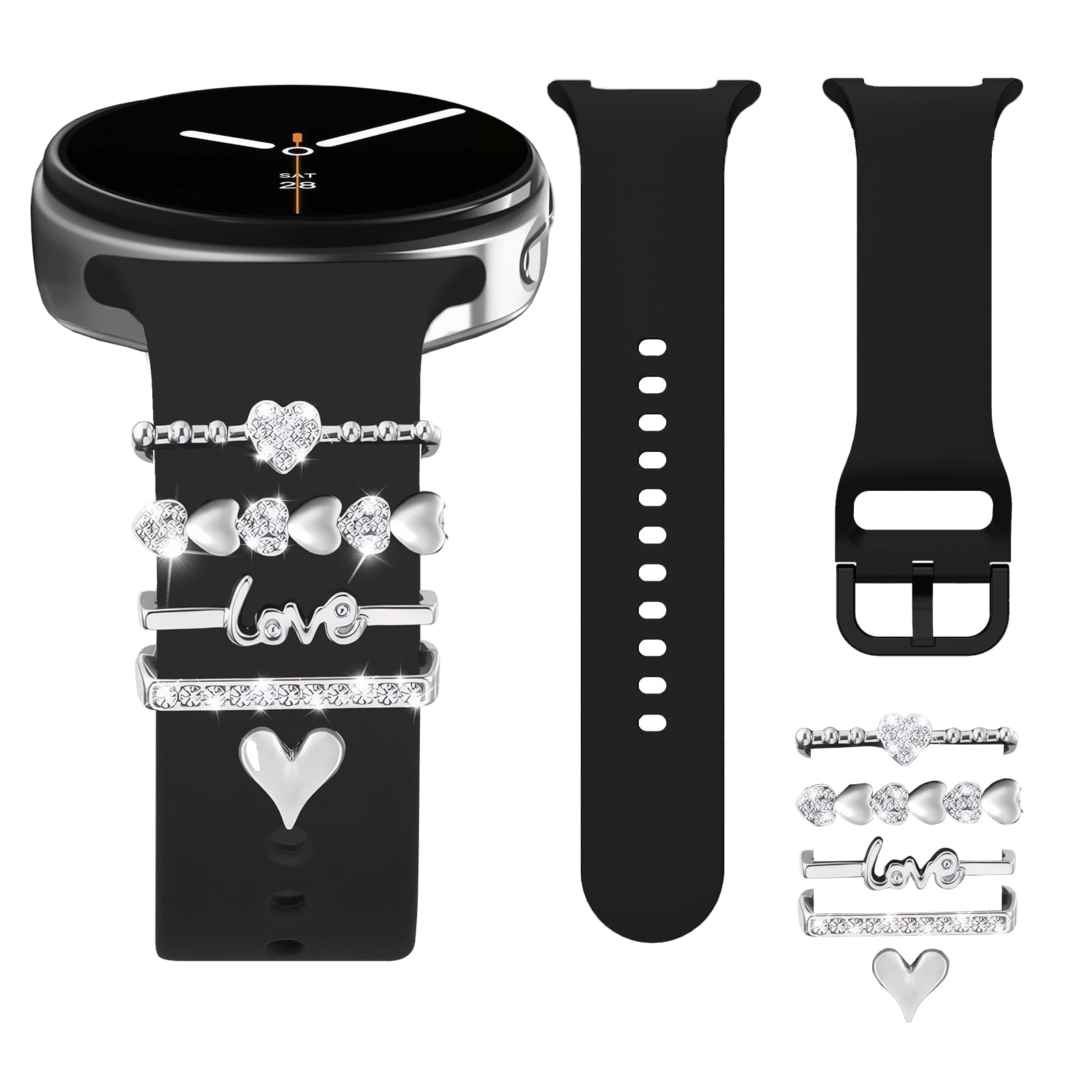 HAYONLIY Silicone Bands with Decorative Accessories Compatible for Samsung Galaxy Watch 8 Band 40mm 44mm/Galaxy Watch 8 Classic 46mm,Stylish Bling Charms Strap for Women