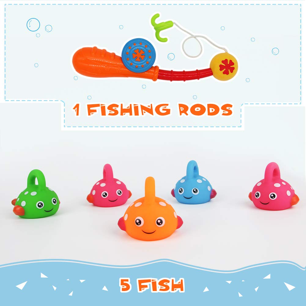 Nuheby Baby Bath Squeeze Toys Floating Fish Kids Fishing Pole Toddler Toys Baby Pool Float Bathtub Toy with 5 Cute Fishes for 18 Month Old