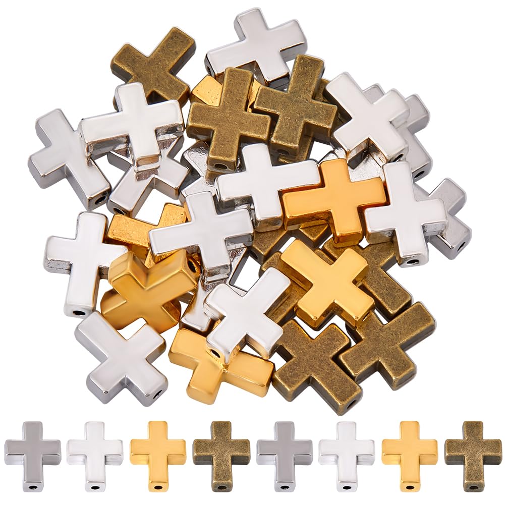 SOFPLATE 40pcs 1 Box Cross Beads Bulk Small Silver Cross Beads Silvery Golden Brown Alloy Metal Loose Spacer Crucifix Rosary Crosses Bead for jewellery Making Crafts Necklace Bracelet Decoration