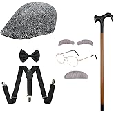 Old Man Costume Grandpa Accessories Set with Old Man Glasses Suspenders Bow Tie Cane Hat