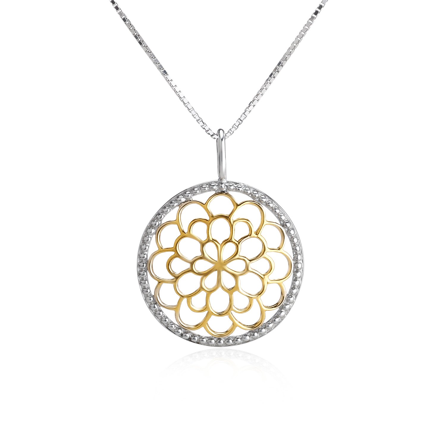 Sterling Silver and 18K Gold Bali Inspired Filigree Round Circle Floral Pendant Necklace, Best Jewelry for Women, 16/18
