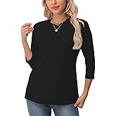 ALUS 3/4 Length Sleeve Tops for Women Crew Neck Casual Blouses Basic T Shirts
