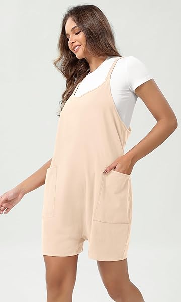 ODODOS WOMEN’S COTTON SOFT ROMPER WITH POCKETS RACERBACK ONE PIECE OUTFIT SHORT JUMPSUITS (SHIRTS NOT INCLUDED), BEIGE, MEDIUM
