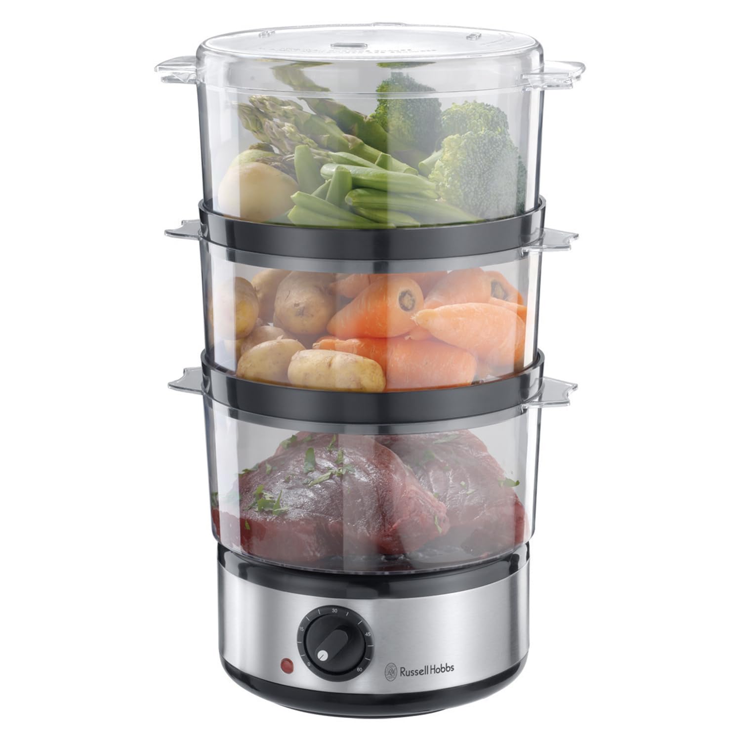 Russell Hobbs 3 Tier Electric Food Steamer, 7L, Stackable Baskets for Easy Storage, Dishwasher Safe BPA Free Baskets, Rice Bowl inc, 60 min Timer, Healthy Eating, Energy Saving, 400W, 14453