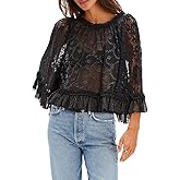 Women Sheer Poncho Top Y2k Lace Mesh Batwing Long Sleeve Bolero Shrug Beach Cover Up Sexy Going Out Blouse Shawl