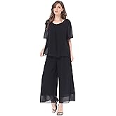 Women's 2 Piece Chiffon Sets Outfits Flowy Summer Casual Dressy Pantsuits Loose Double Layers Blouse Pants Sets
