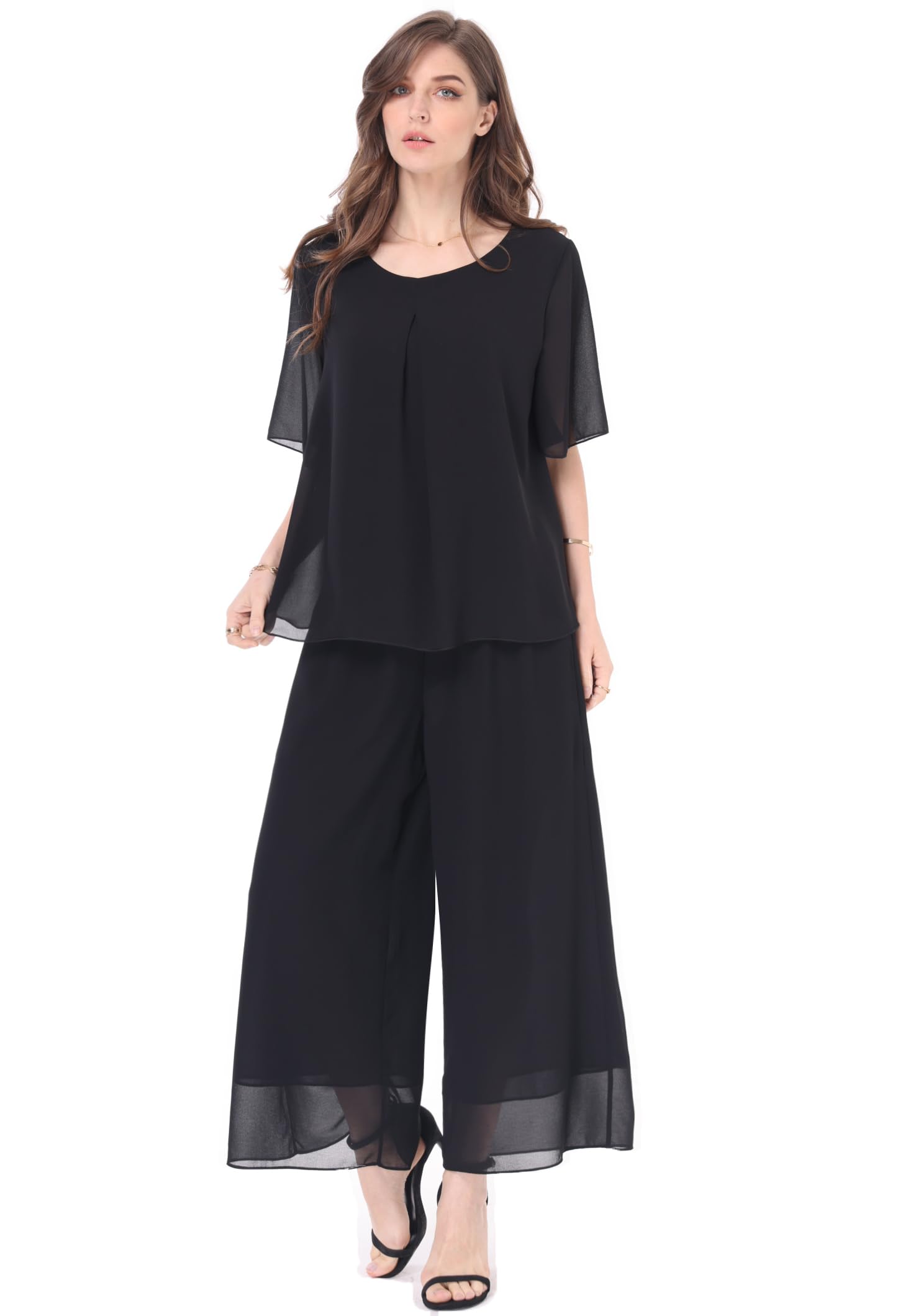 Photo 1 of Women's 2 Piece Chiffon Sets Outfits Flowy Summer Casual Dressy Pantsuits Double Layers Blouse Capris Pants Suits Black