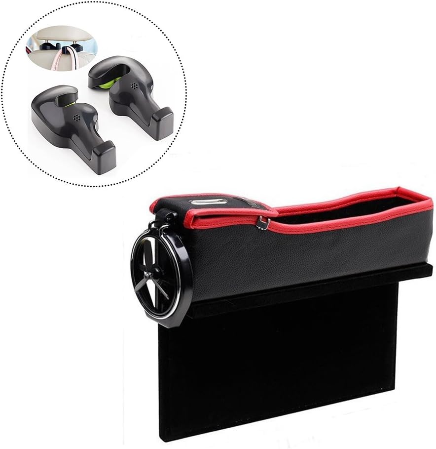 JAUTO Console Side Pocket, Coin Side Pocket, Car Seat Gap Filler Car Organizer with Cup Holder and 2-Pack Back Seat Headrest Hook(Driver's Seat, Black&Red)