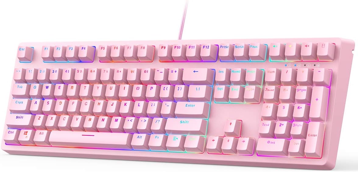 AUKEY Mechanical Gaming Keyboard with Customizable RGB Backlight & Tactile Blue Switches, 108-Key Anti-Ghosting Wired Keyboard 18 Lighting Effects & 12 Multimedia Keys for PC and Laptop - Pink