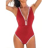 CUPSHE Women's One Piece Swimsuit Tummy Control V Neck Cutout Bathing Suit Crisscross Back Textured Cheeky Bottom