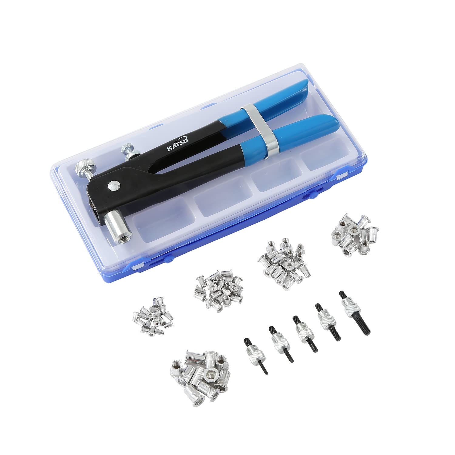 KATSU Hand Nut Rivet Gun Kit 86PCs Manual Riveter Threaded Rivet Nut Inserts M3 M4 M5 M6 M8 for Cars Trailers Electric Boards and Other Applications 405552