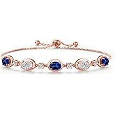 Gem Stone King 18K Rose Gold Plated Silver Blue Created Sapphire and and Lab Grown Diamond Bracelet For Women | 4.80 Cttw | Gemstone September Birthstone | Oval 7X5MM | Fully Adjustable 9 Inch